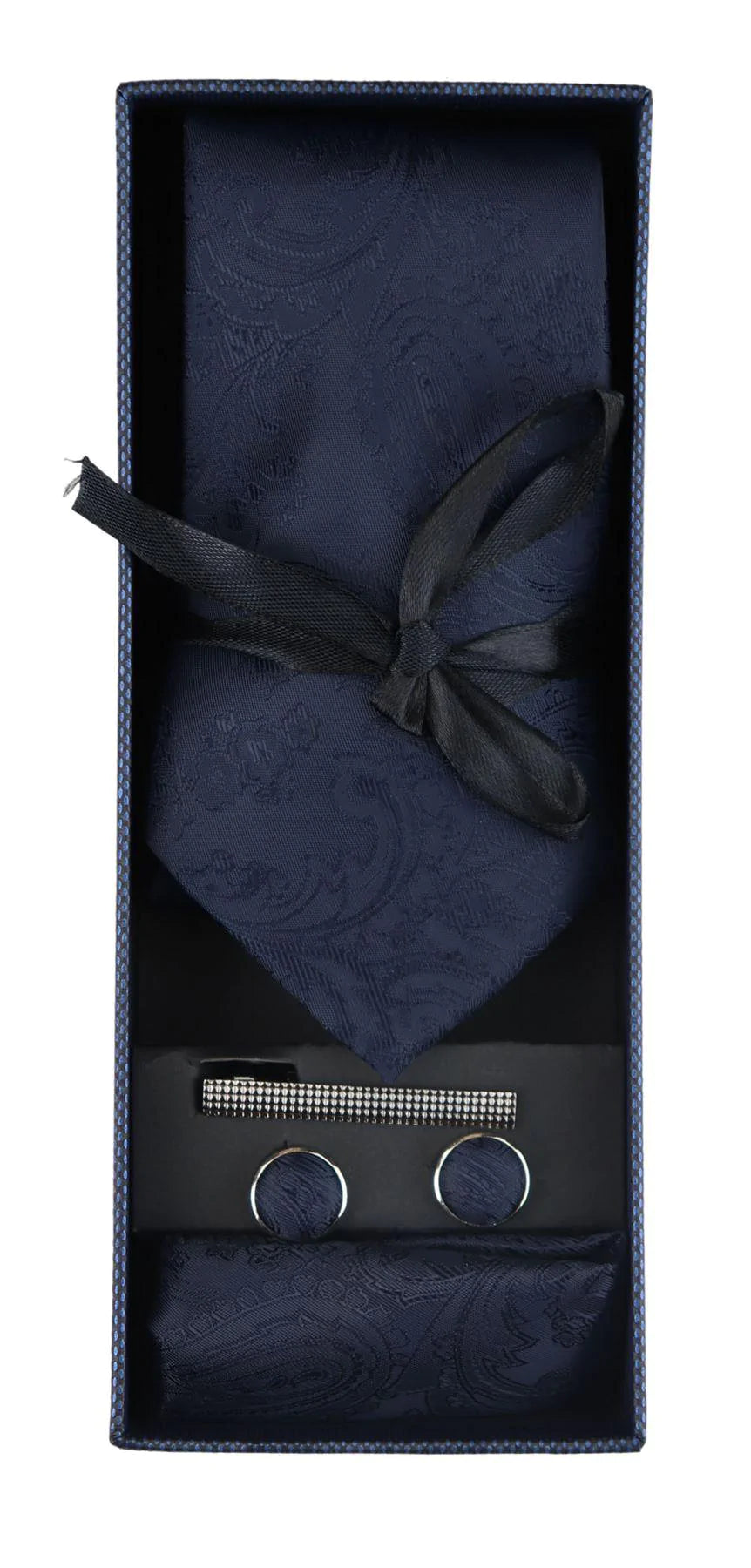 Conjunto de regalo de corbata azul marino con estampado paisley, pañuelo de bolsillo, gemelos y corbata de satén floral.