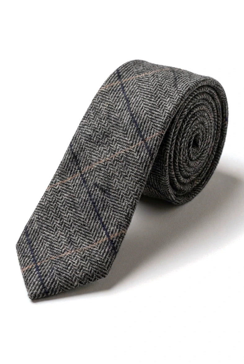 Corbata de tweed a cuadros gris carbón con pañuelo y pinza para corbata - Gris carbón