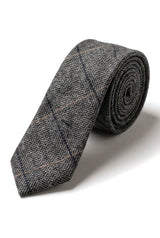 Corbata de tweed a cuadros gris carbón con pañuelo y pinza para corbata - Gris carbón