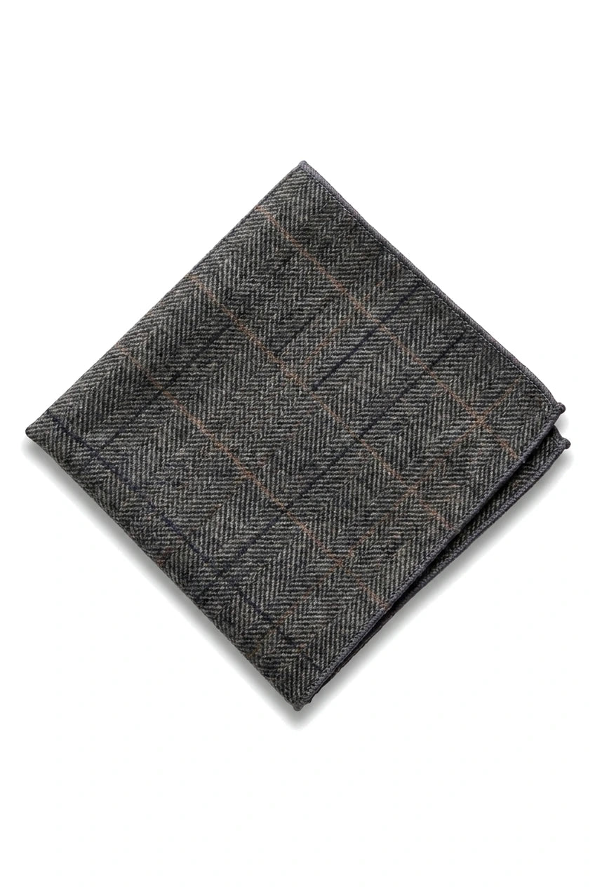 Corbata de tweed a cuadros gris carbón con pañuelo y pinza para corbata - Gris carbón