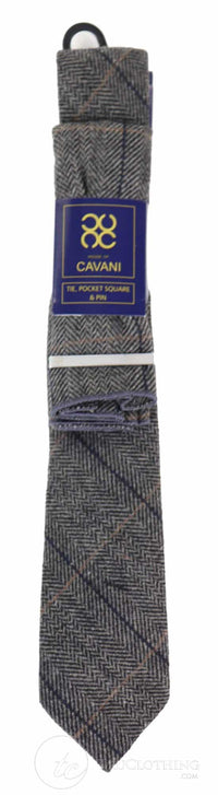 Corbata de tweed a cuadros gris carbón con pañuelo y pinza para corbata - Gris carbón