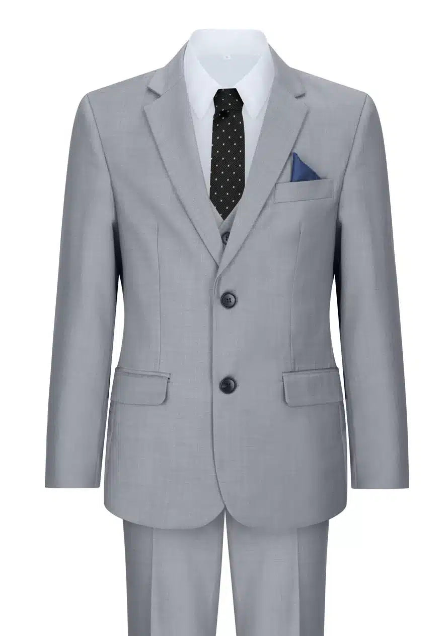 Traje de 3 piezas gris claro para niño, estilo clásico para bodas, fiestas y bautizos.