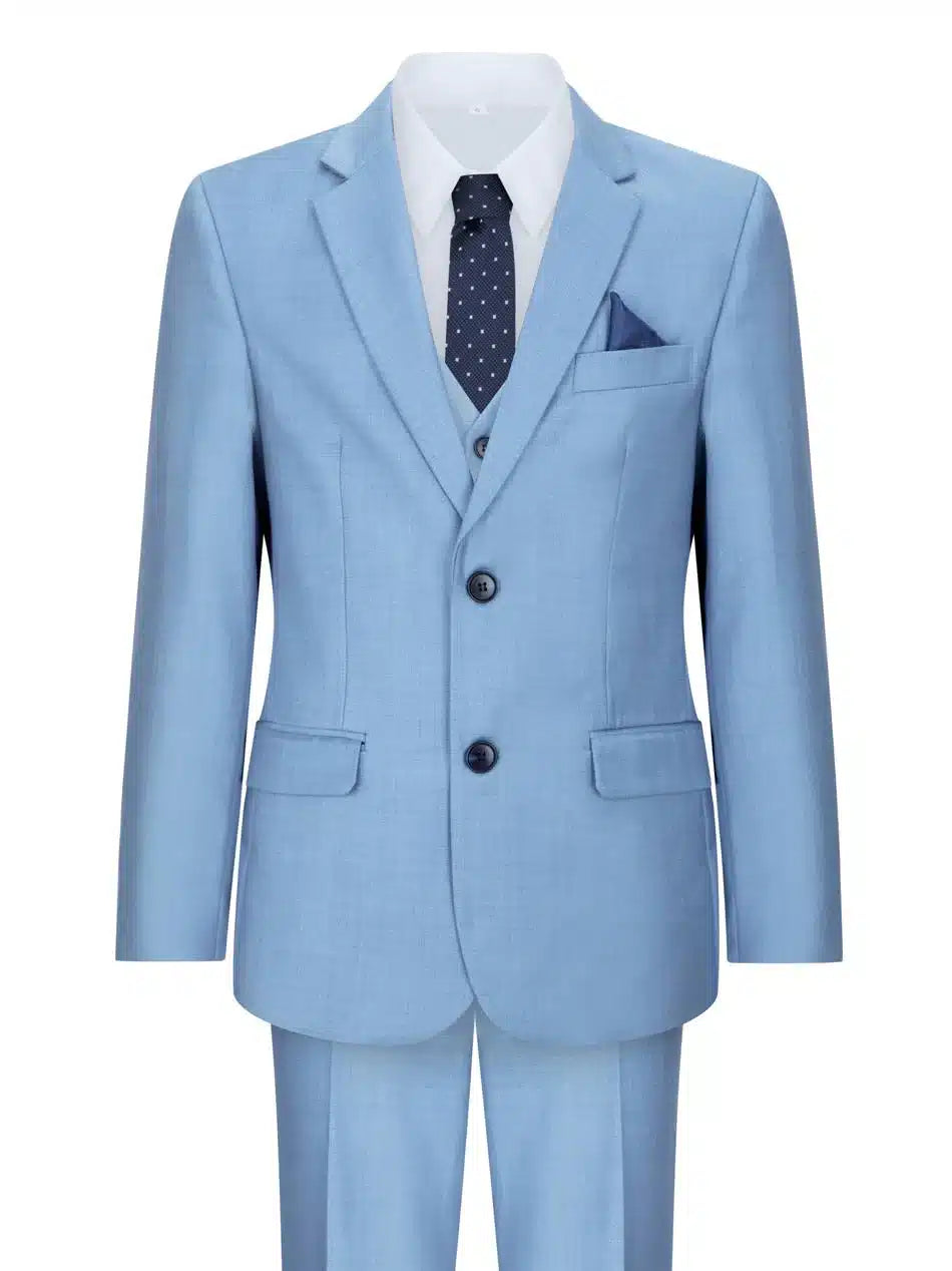 Traje de 3 piezas para niño, azul cielo claro, ideal para bodas, bautizos y ocasiones formales.