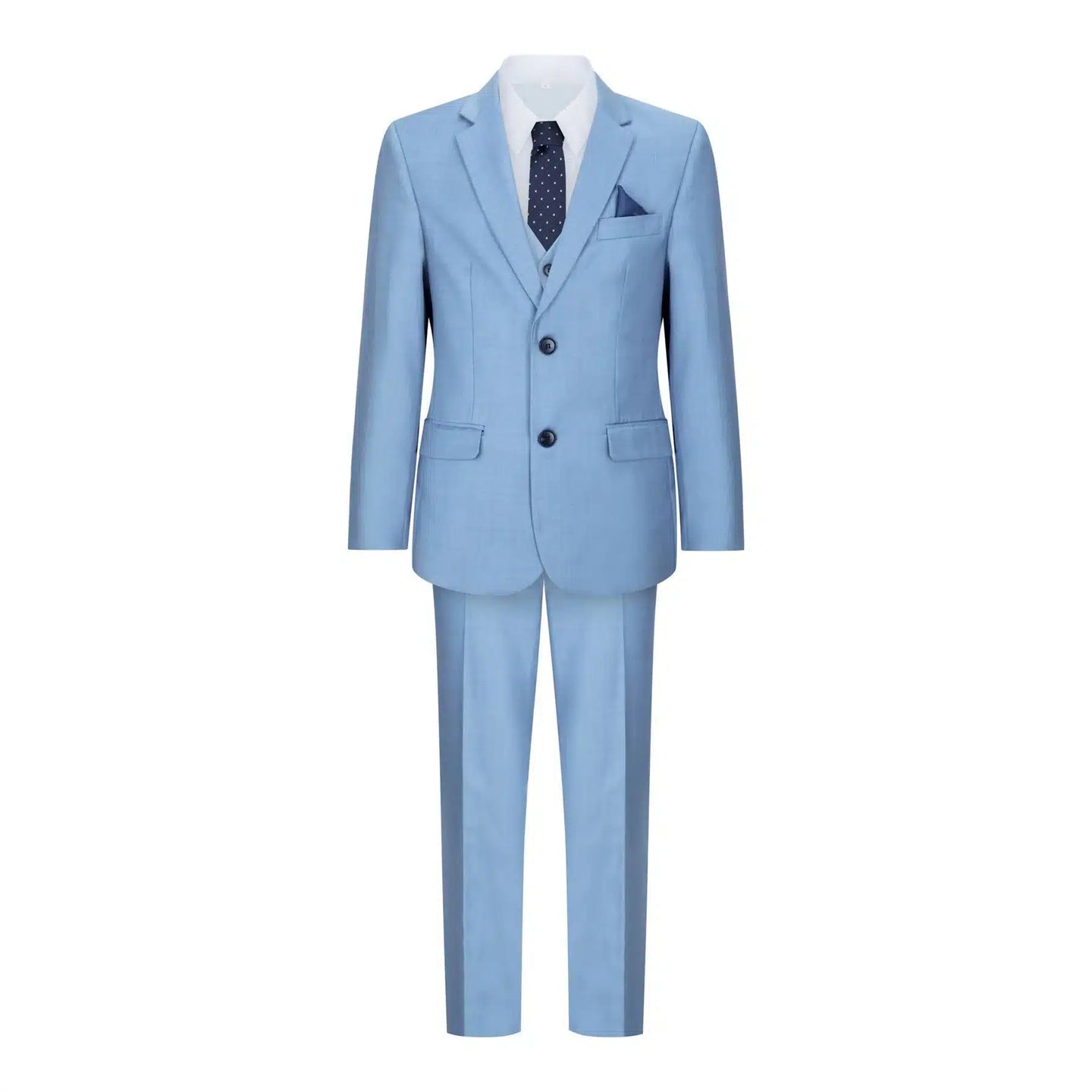 Traje de 3 piezas para niño, azul cielo claro, ideal para bodas, bautizos y ocasiones formales.