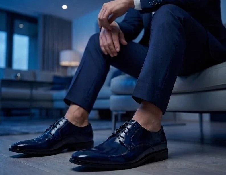 Chester - Zapatos Derby para hombre, azul marino, pulidos y de alto brillo