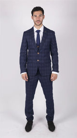 Traje de tres piezas para hombre Marc Darcy, azul a cuadros, estilo Príncipe de Gales, corte elegante e informal, Chigwell