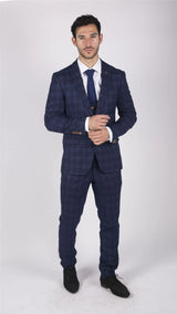 Traje de tres piezas para hombre Marc Darcy, azul a cuadros, estilo Príncipe de Gales, corte elegante e informal, Chigwell