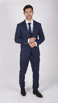 Traje de tres piezas para hombre Marc Darcy, azul a cuadros, estilo Príncipe de Gales, corte elegante e informal, Chigwell