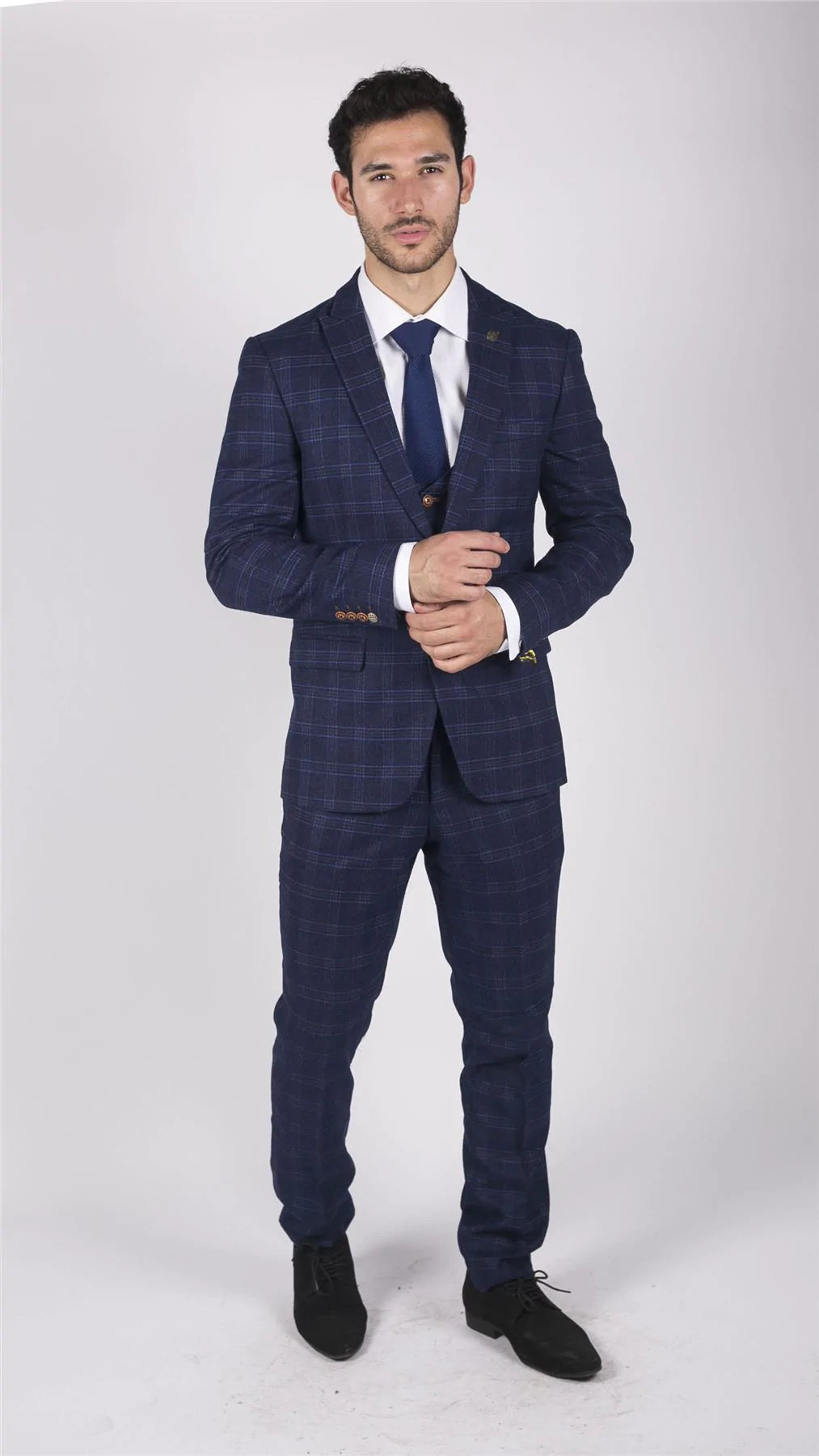 Traje de tres piezas para hombre Marc Darcy, azul a cuadros, estilo Príncipe de Gales, corte elegante e informal, Chigwell