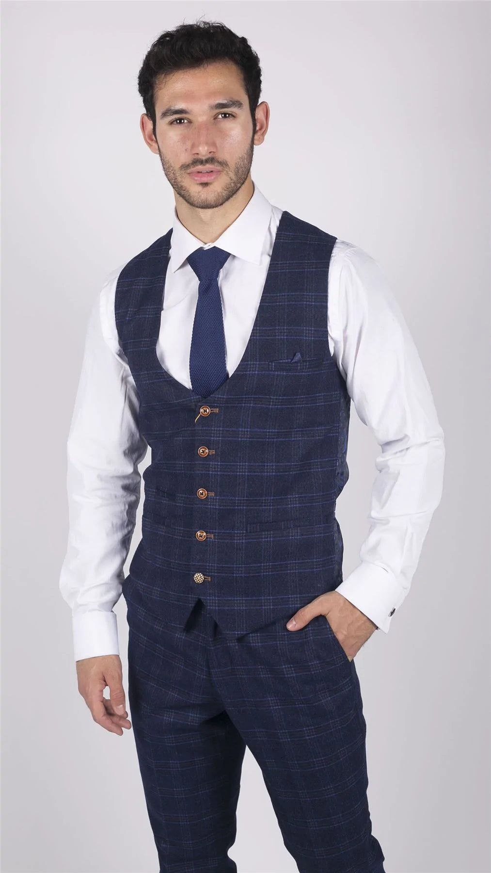 Traje de tres piezas para hombre Marc Darcy, azul a cuadros, estilo Príncipe de Gales, corte elegante e informal, Chigwell