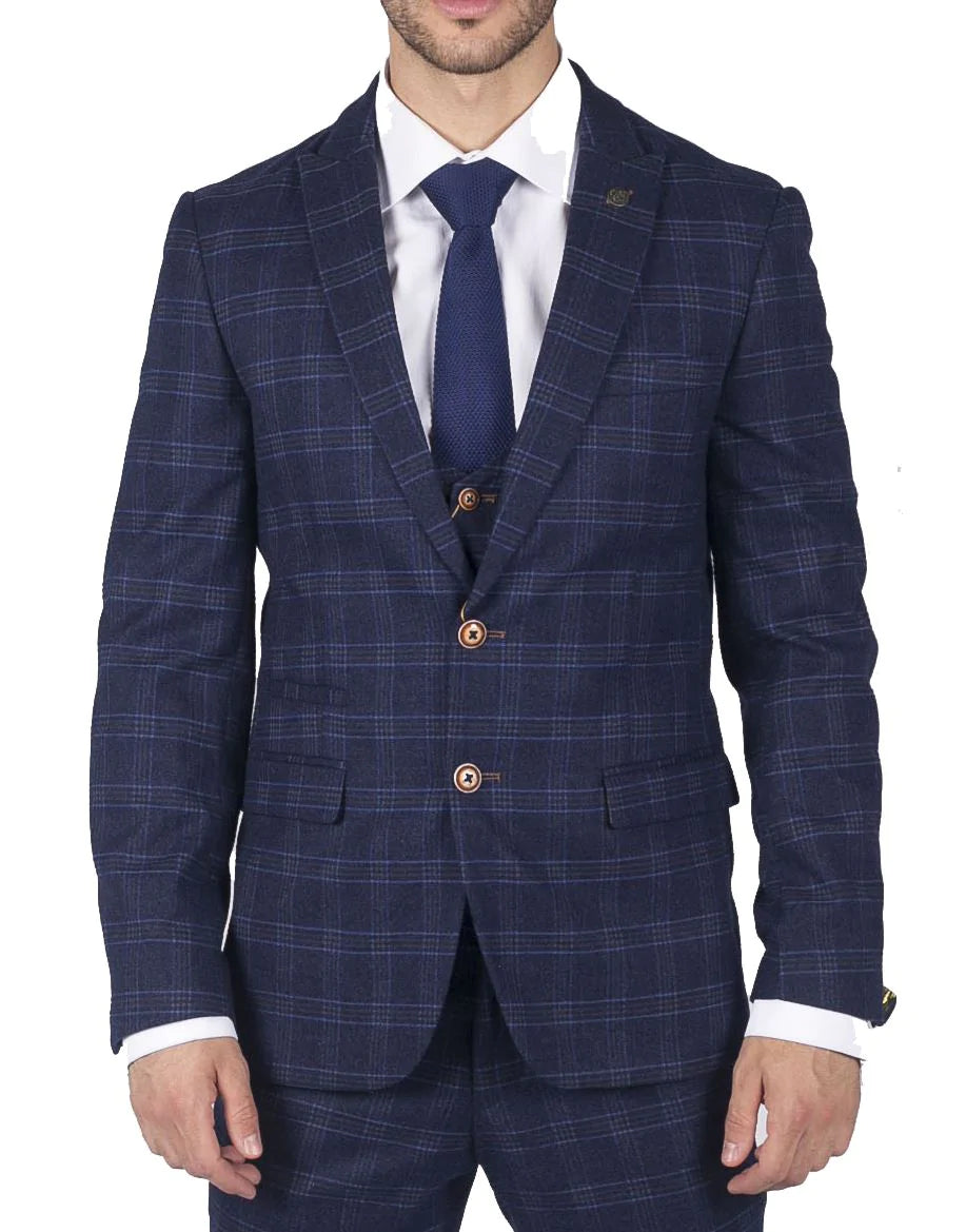 Traje de tres piezas para hombre Marc Darcy, azul a cuadros, estilo Príncipe de Gales, corte elegante e informal, Chigwell