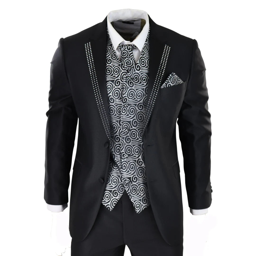 Traje de boda de tres piezas para hombre, color negro, con corbata plateada y chaleco adornado.