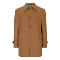Abrigo de lana para hombre de 3/4 color camel tostado, cuello clásico abotonado y parche en el hombro.