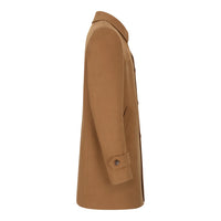 Abrigo de lana para hombre de 3/4 color camel tostado, cuello clásico abotonado y parche en el hombro.