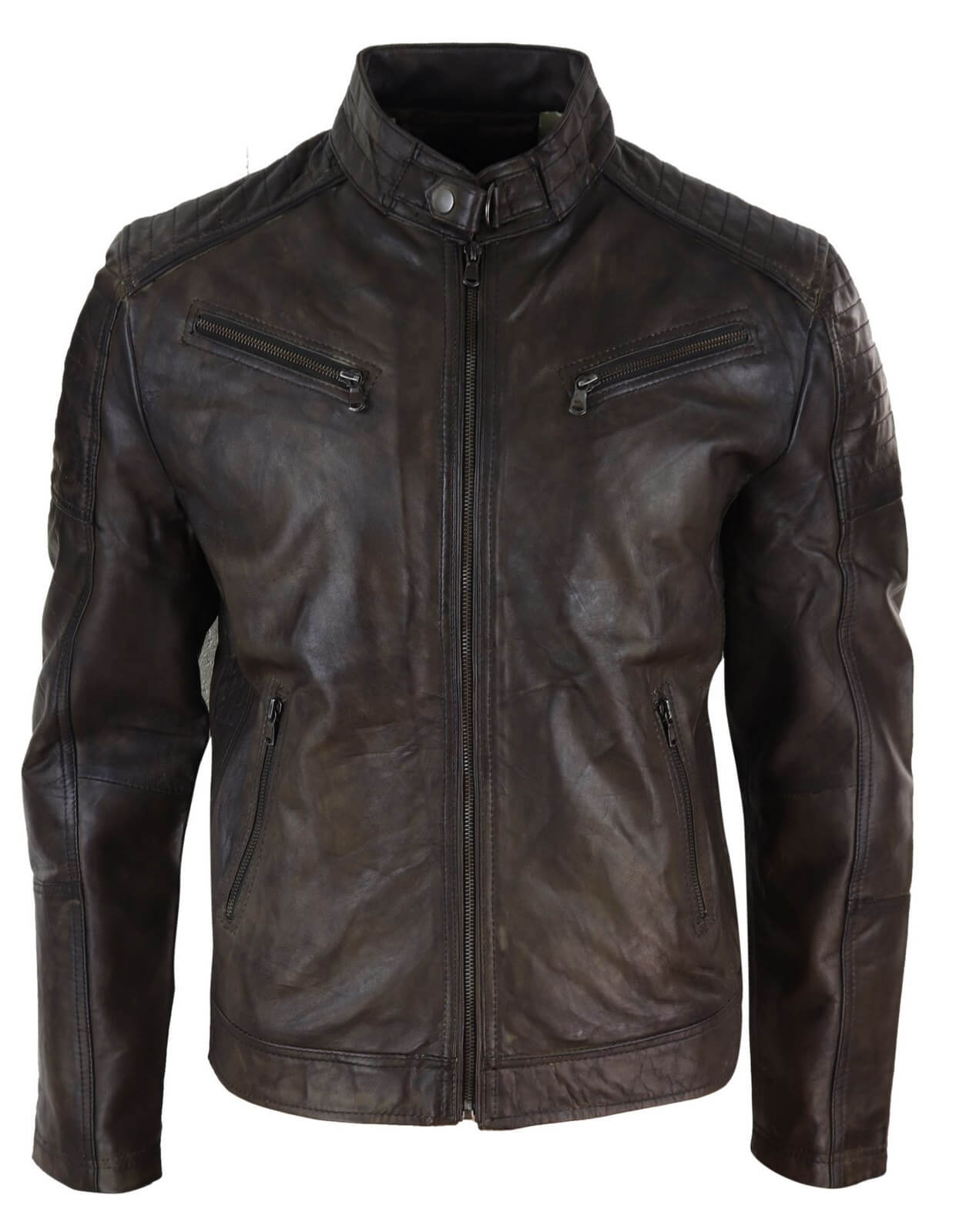 Chaqueta clásica de cuero auténtico marrón para hombre - Chaqueta de carreras marrón