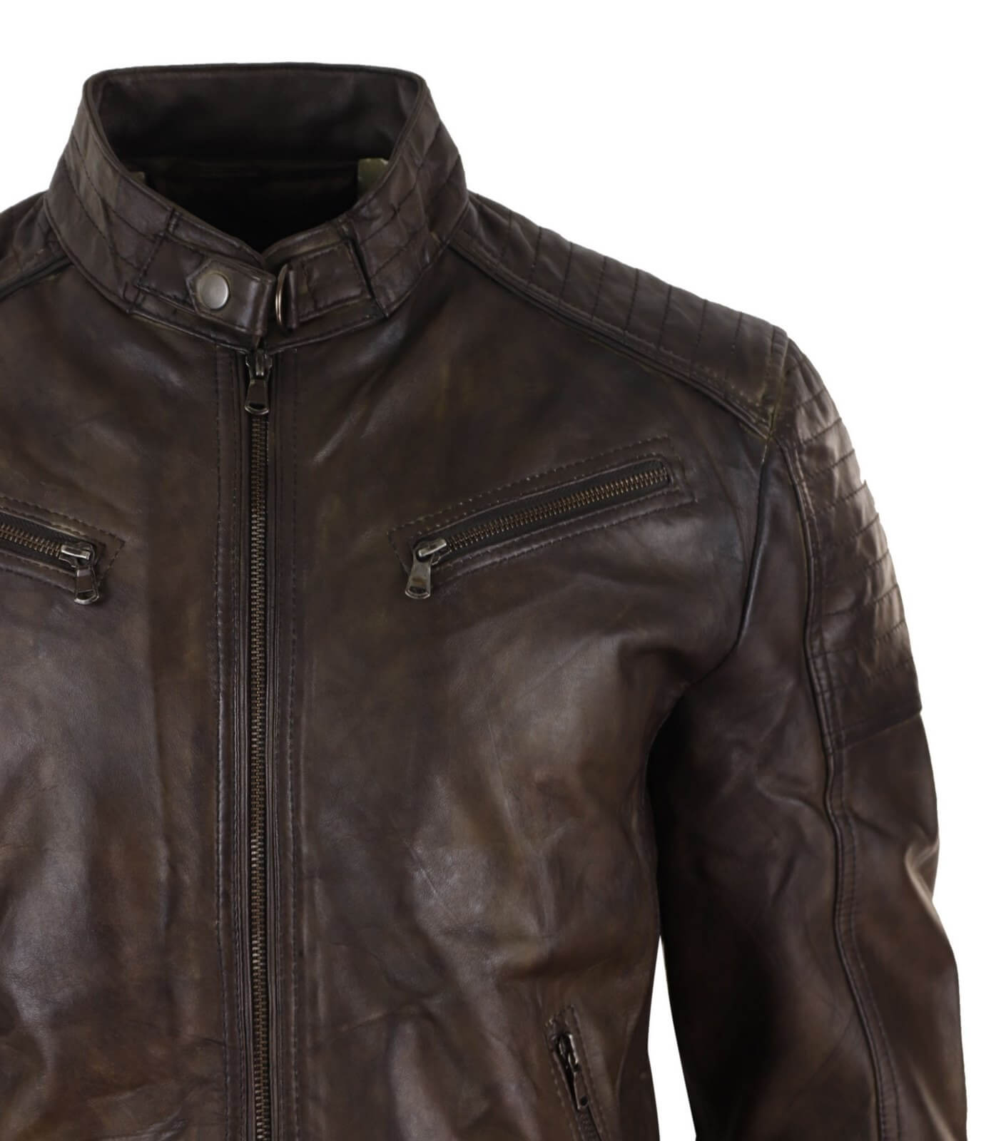 Chaqueta clásica de cuero auténtico marrón para hombre - Chaqueta de carreras marrón