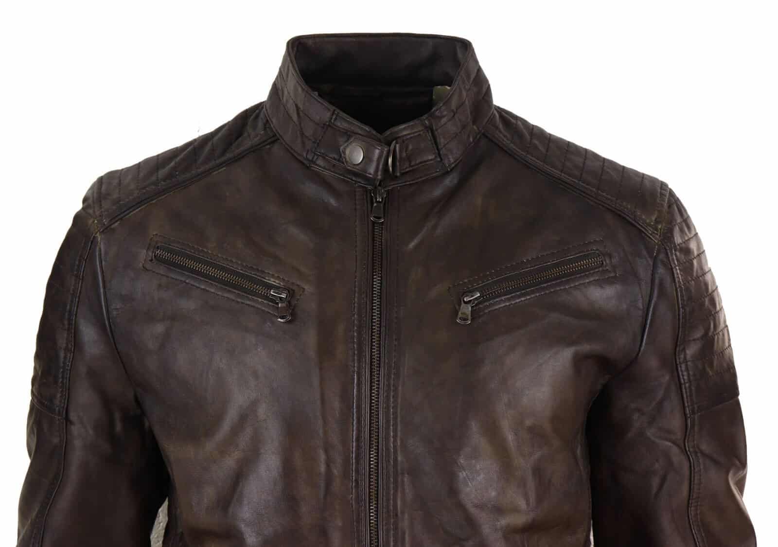 Chaqueta clásica de cuero auténtico marrón para hombre - Chaqueta de carreras marrón