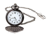 Reloj de bolsillo negro clásico estilo años 20 con cadena.