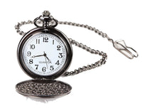 Reloj de bolsillo negro clásico estilo años 20 con cadena.