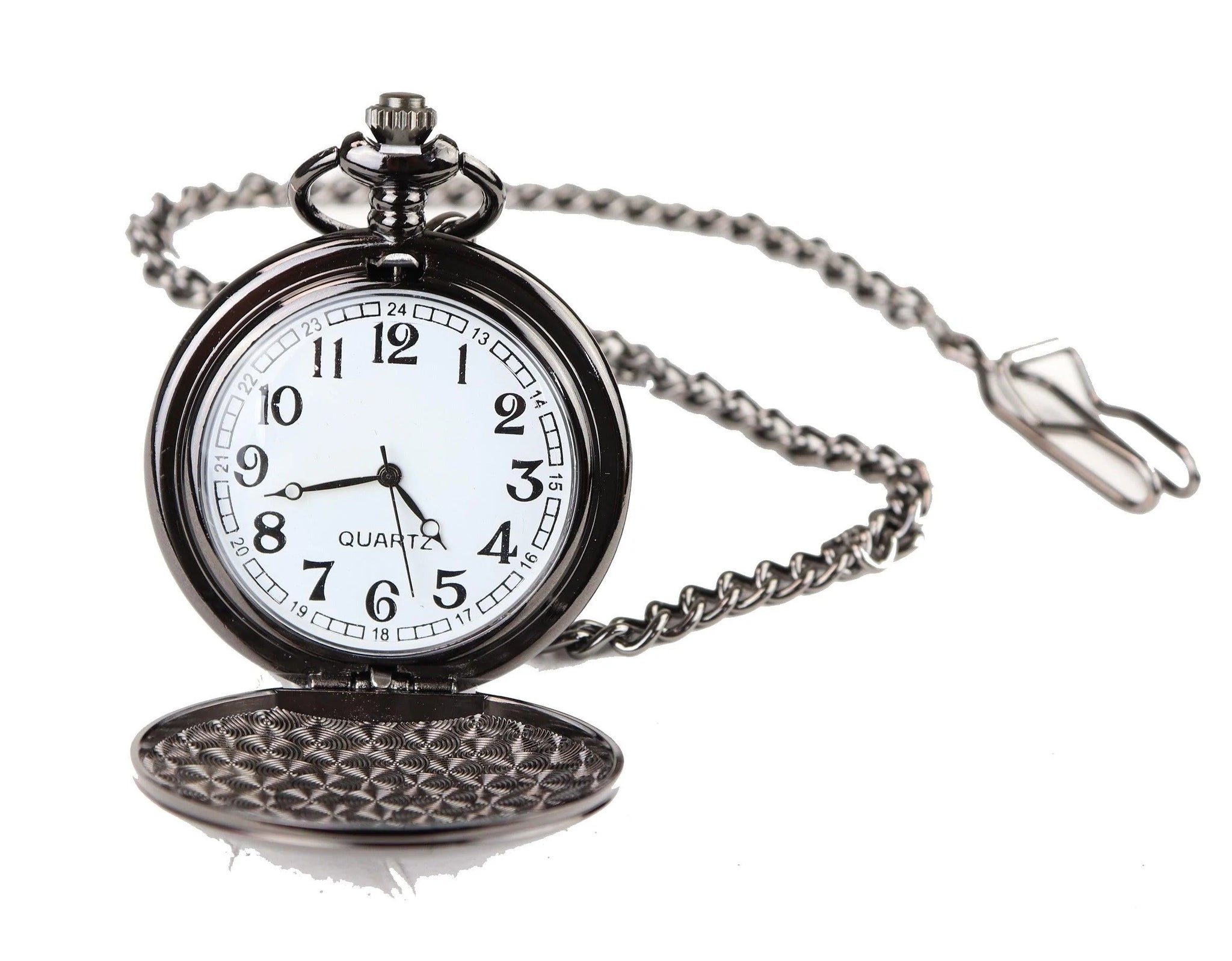 Reloj de bolsillo negro clásico estilo años 20 con cadena.