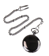 Reloj de bolsillo negro clásico estilo años 20 con cadena.