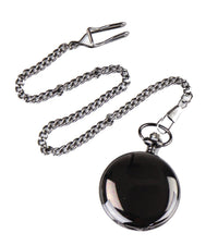 Reloj de bolsillo negro clásico estilo años 20 con cadena.