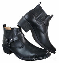 Botas tobilleras de cuero para hombre CLASSIQUE MBO 3136, color marrón claro y negro, estilo vaquero western con hebilla.