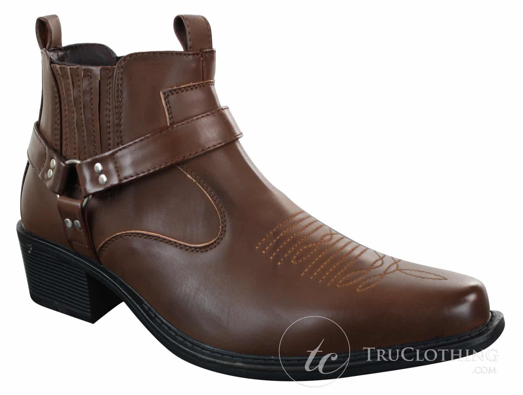 Botas tobilleras de cuero para hombre CLASSIQUE MBO 3136, color marrón claro y negro, estilo vaquero western con hebilla.