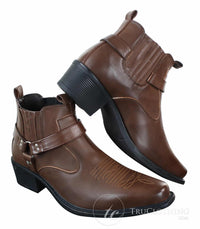 Botas tobilleras de cuero para hombre CLASSIQUE MBO 3136, color marrón claro y negro, estilo vaquero western con hebilla.