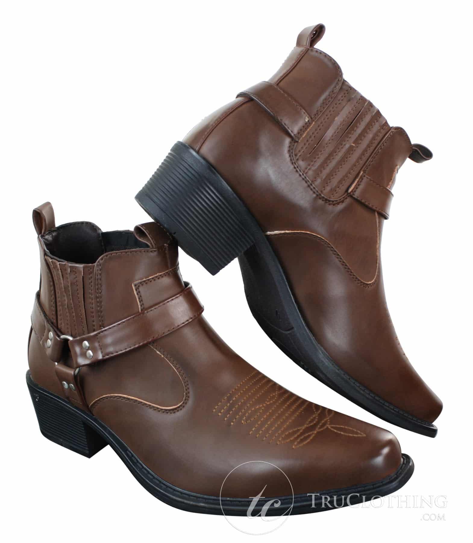 Botas tobilleras de cuero para hombre CLASSIQUE MBO 3136, color marrón claro y negro, estilo vaquero western con hebilla.