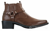 Botas tobilleras de cuero para hombre CLASSIQUE MBO 3136, color marrón claro y negro, estilo vaquero western con hebilla.