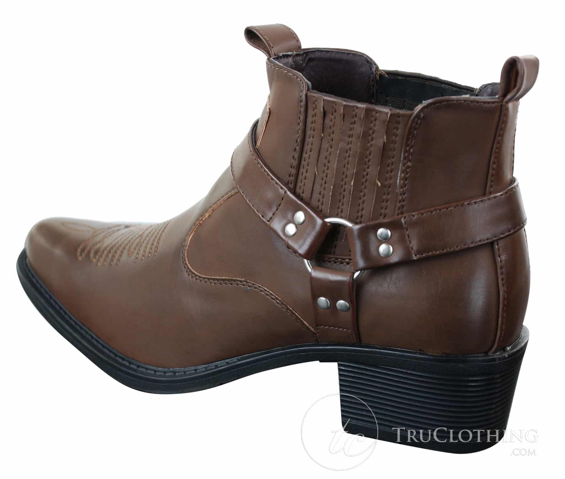Botas tobilleras de cuero para hombre CLASSIQUE MBO 3136, color marrón claro y negro, estilo vaquero western con hebilla.