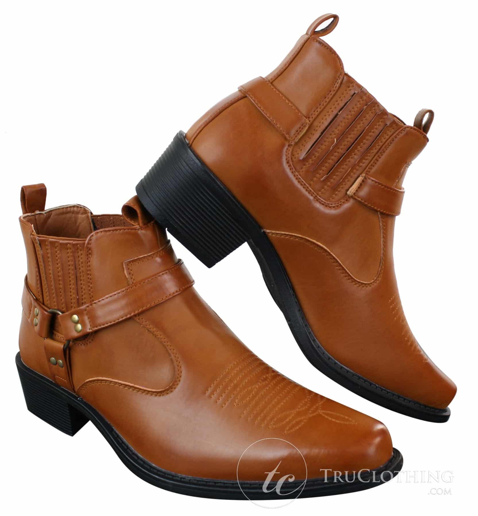 Botas tobilleras de cuero para hombre CLASSIQUE MBO 3136, color marrón claro y negro, estilo vaquero western con hebilla.