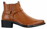 Botas tobilleras de cuero para hombre CLASSIQUE MBO 3136, color marrón claro y negro, estilo vaquero western con hebilla.