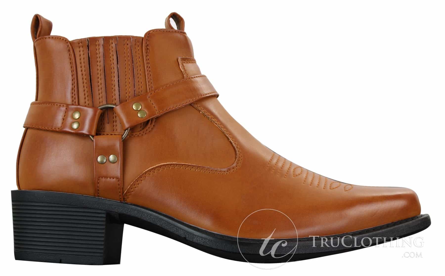 Botas tobilleras de cuero para hombre CLASSIQUE MBO 3136, color marrón claro y negro, estilo vaquero western con hebilla.