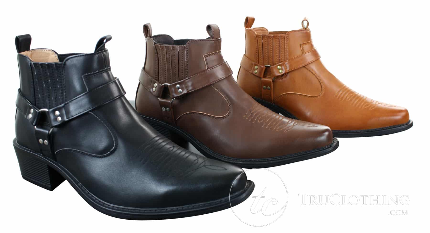 Botas tobilleras de cuero para hombre CLASSIQUE MBO 3136, color marrón claro y negro, estilo vaquero western con hebilla.