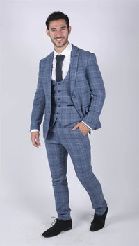 Blazer de hombre Marc Darcy azul claro a cuadros azul marino, estilo casual elegante, tweed, corte ajustado Clinton