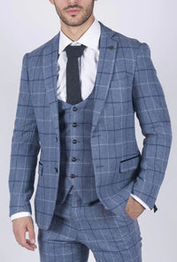 Blazer de hombre Marc Darcy azul claro a cuadros azul marino, estilo casual elegante, tweed, corte ajustado Clinton