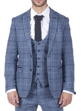 Traje de tres piezas para hombre Marc Darcy, azul claro a cuadros azul marino, estilo casual elegante, tweed, corte ajustado Clinton