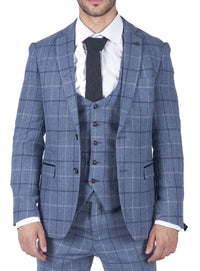 Traje de tres piezas para hombre Marc Darcy, azul claro a cuadros azul marino, estilo casual elegante, tweed, corte ajustado Clinton