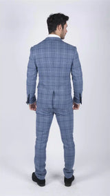 Traje de tres piezas para hombre Marc Darcy, azul claro a cuadros azul marino, estilo casual elegante, tweed, corte ajustado Clinton