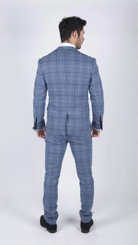 Traje de tres piezas para hombre Marc Darcy, azul claro a cuadros azul marino, estilo casual elegante, tweed, corte ajustado Clinton