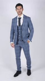 Traje de tres piezas para hombre Marc Darcy, azul claro a cuadros azul marino, estilo casual elegante, tweed, corte ajustado Clinton