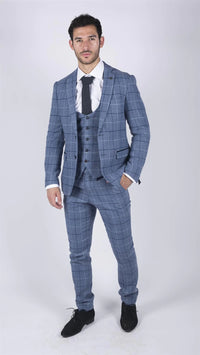 Traje de tres piezas para hombre Marc Darcy, azul claro a cuadros azul marino, estilo casual elegante, tweed, corte ajustado Clinton