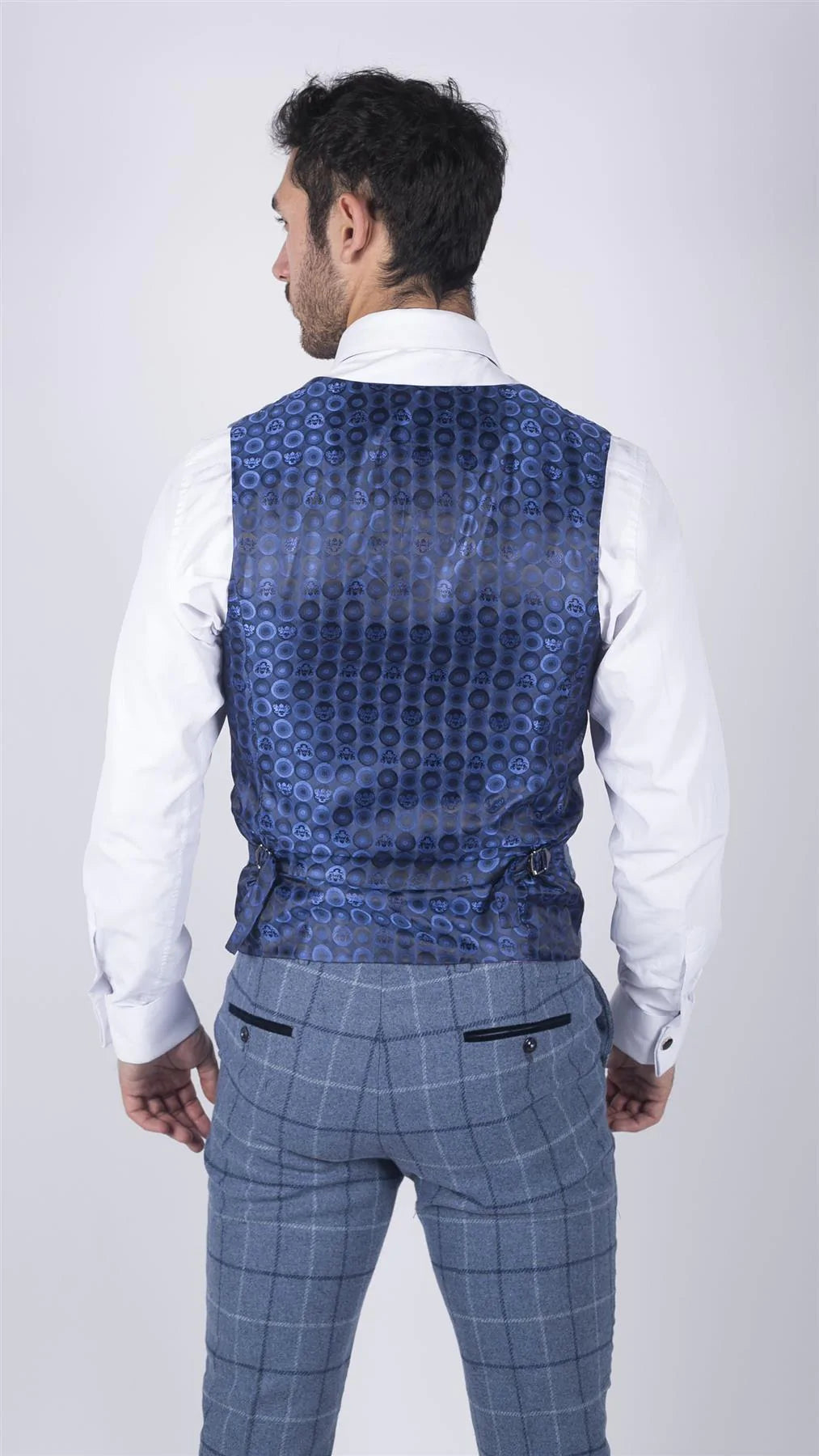 Traje de tres piezas para hombre Marc Darcy, azul claro a cuadros azul marino, estilo casual elegante, tweed, corte ajustado Clinton