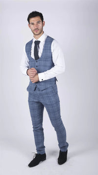 Traje de tres piezas para hombre Marc Darcy, azul claro a cuadros azul marino, estilo casual elegante, tweed, corte ajustado Clinton