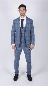 Traje de tres piezas para hombre Marc Darcy, azul claro a cuadros azul marino, estilo casual elegante, tweed, corte ajustado Clinton