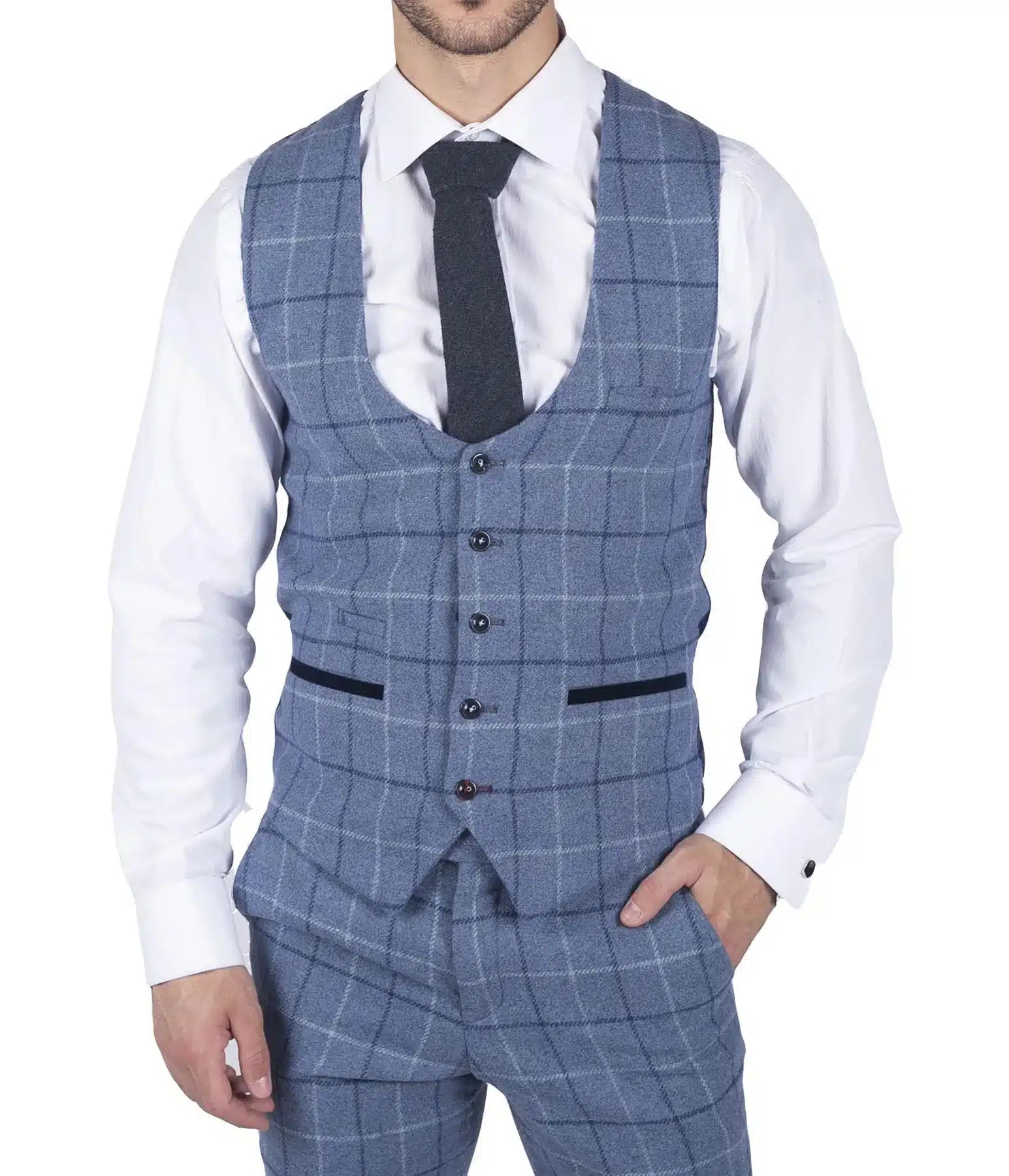 Chaleco de hombre Marc Darcy azul claro a cuadros azul marino, estilo casual elegante, de tweed, corte ajustado, Clinton