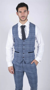 Chaleco de hombre Marc Darcy azul claro a cuadros azul marino, estilo casual elegante, de tweed, corte ajustado, Clinton