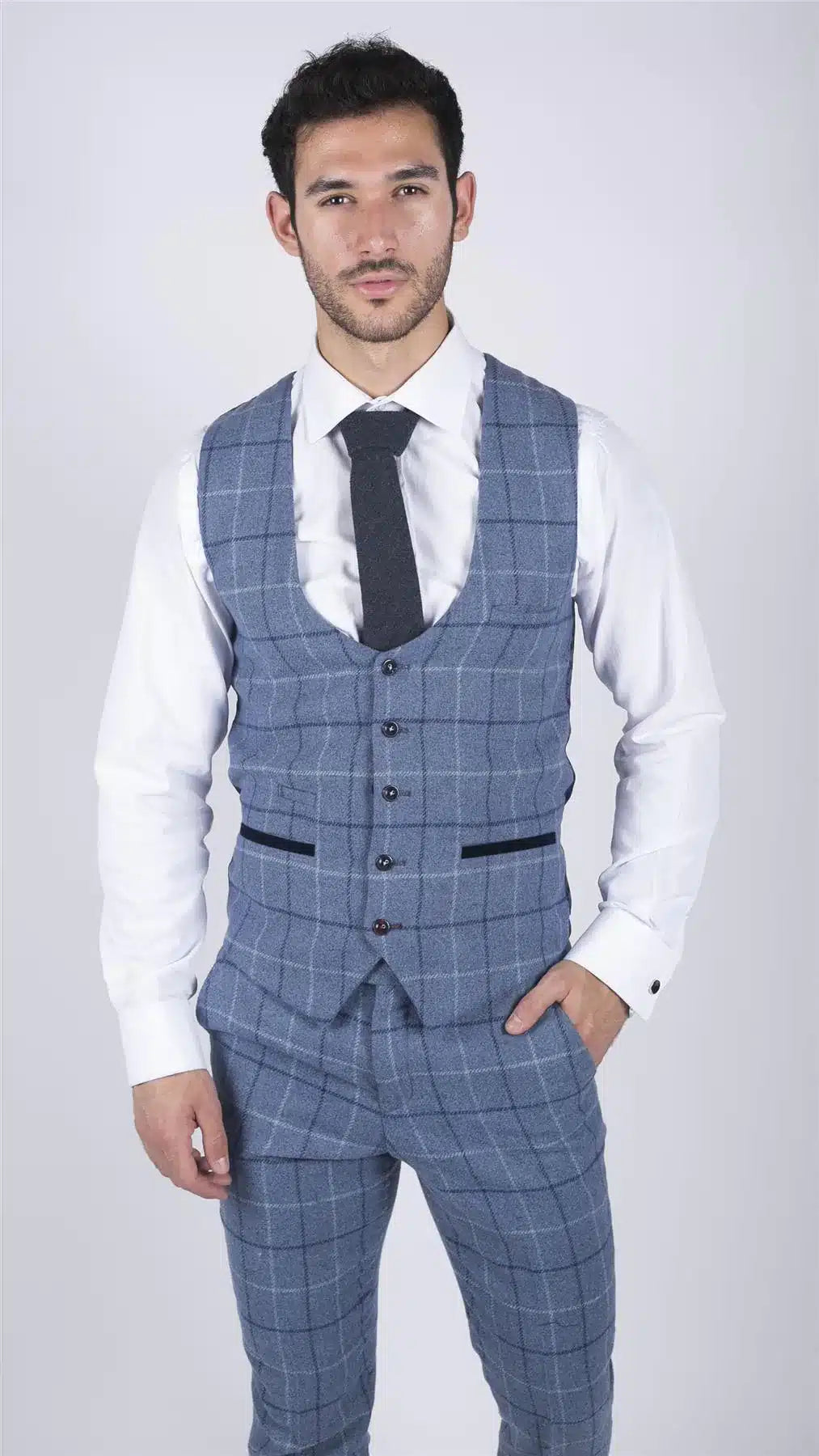 Chaleco de hombre Marc Darcy azul claro a cuadros azul marino, estilo casual elegante, de tweed, corte ajustado, Clinton